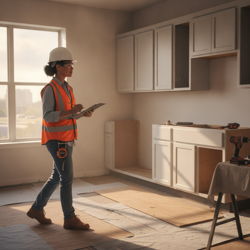 Project manager completing a punch list walkthrough in a renovated London apartment kitchen