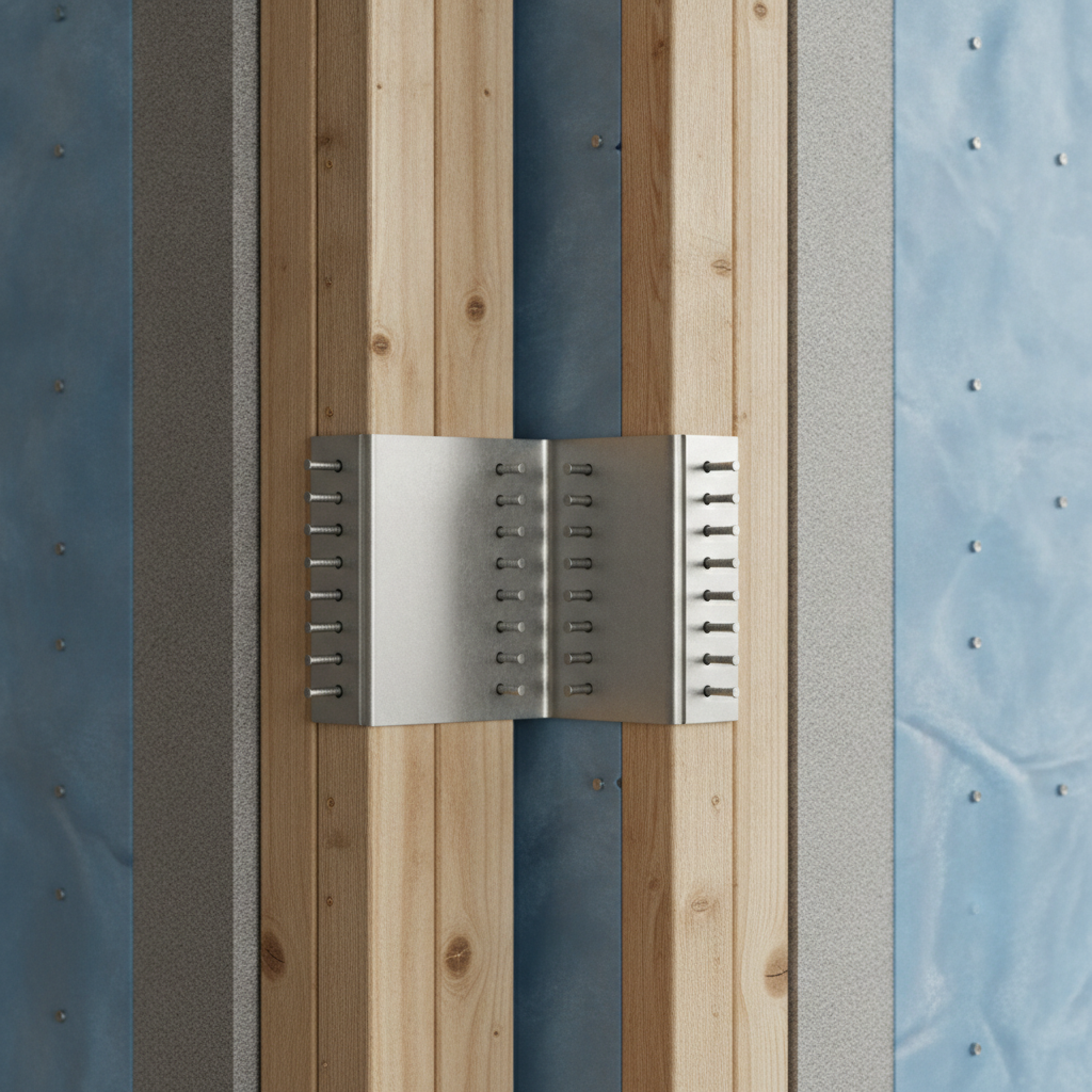 Close-up of modern house framing connection during knockdown and rebuild, showing studs, brackets, and sheathing