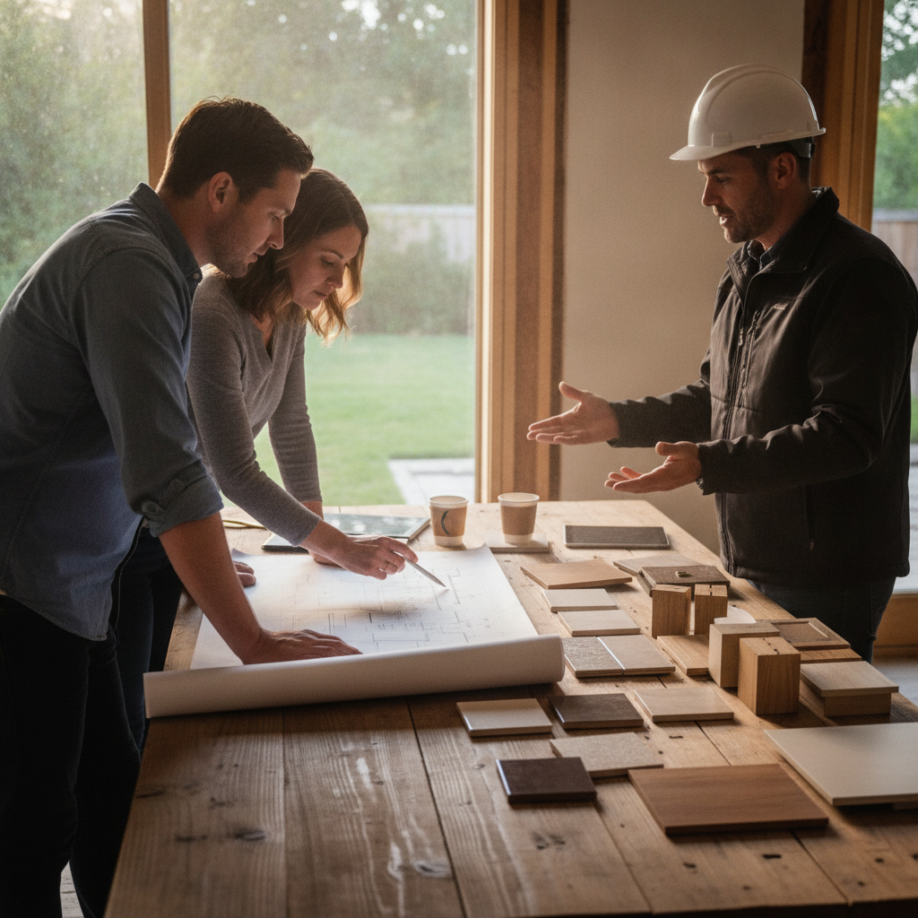 Homeowners and builder reviewing floor plans and material samples during knockdown and rebuild selections