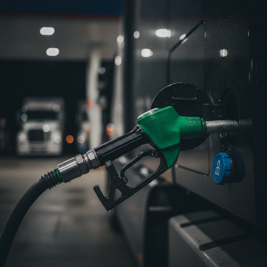 Close-up diesel nozzle fueling a truck with DEF cap nearby at a 24 hr fuel station in Stouffville