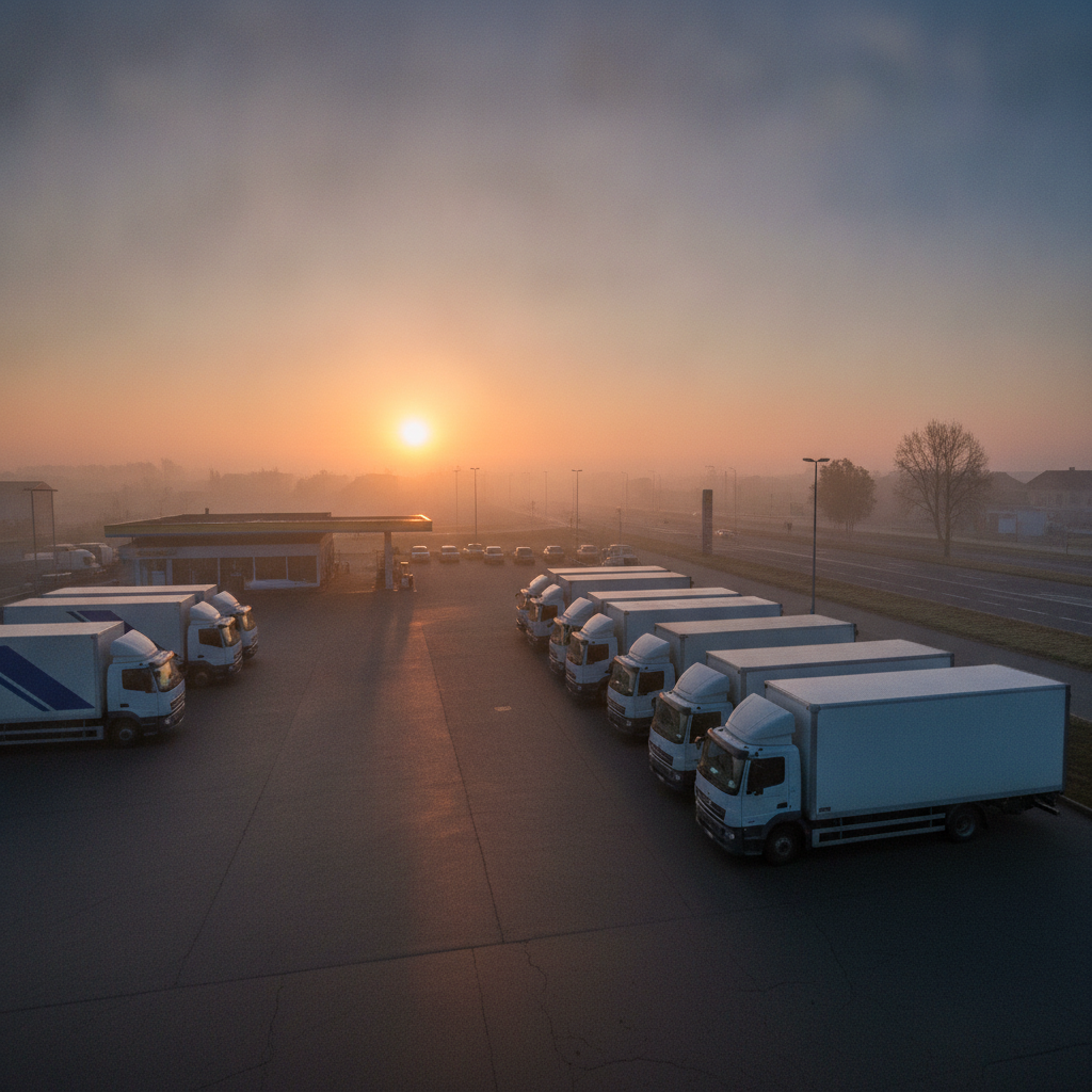 Small fleet parking area at dawn beside a 24-hour fuel station in Stouffville, several trucks parked neatly