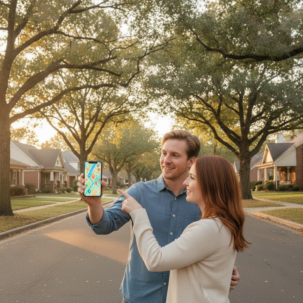 Couple using a mobile MLS listings map in a Cambridge neighborhood to evaluate schools, commute, and parks before booking showings
