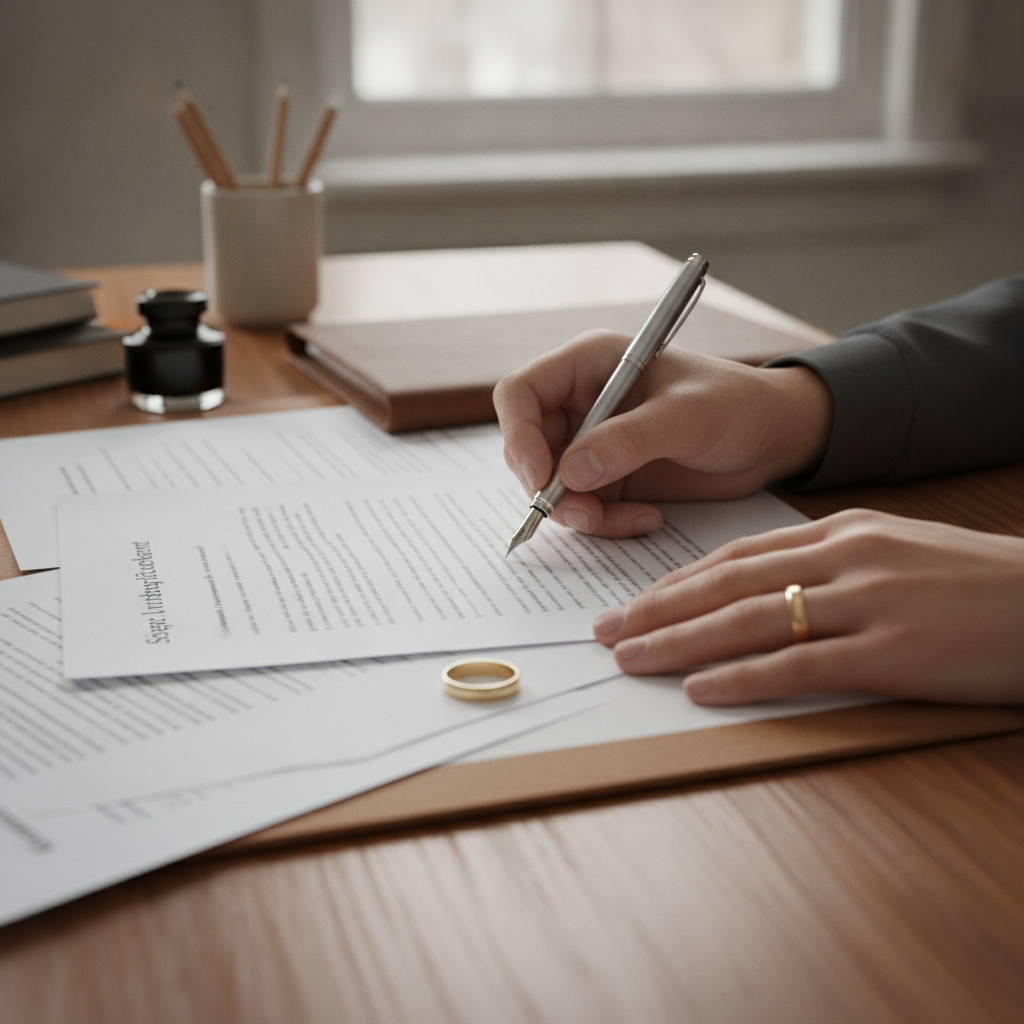 Close-up of hands signing a separation agreement, illustrating Toronto family law and Independent Legal Advice steps