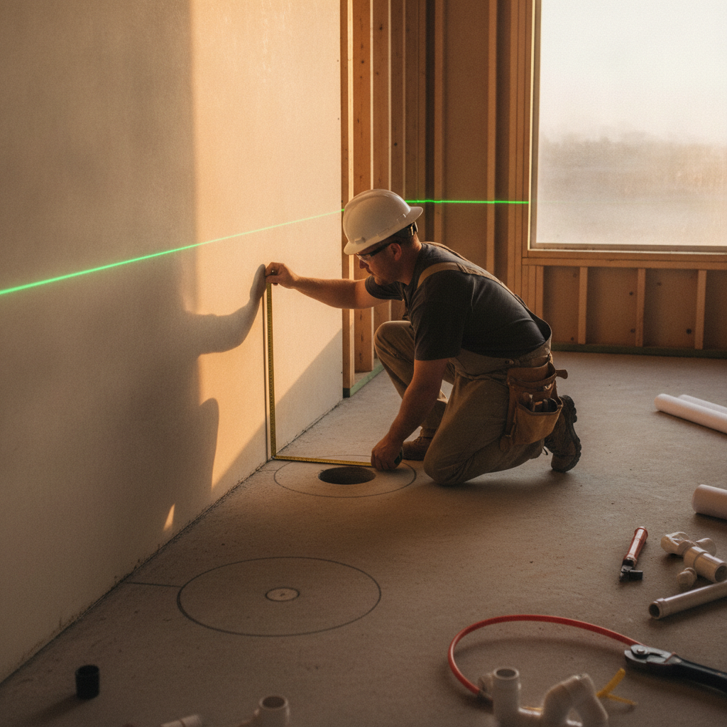 Licensed plumber laying out bathroom rough-in on slab with laser level and marked centers in The Meadows renovation