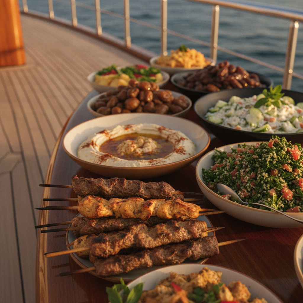 Close-up of dhow cruise buffet on wooden deck with Middle Eastern dishes in Dubai, ideal for family and senior-friendly dinner cruises