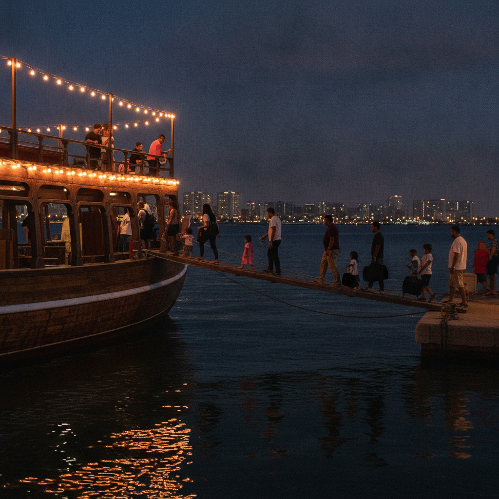 Travelers boarding a warmly lit wooden dhow in Dubai for an evening dinner cruise with reflections on the water