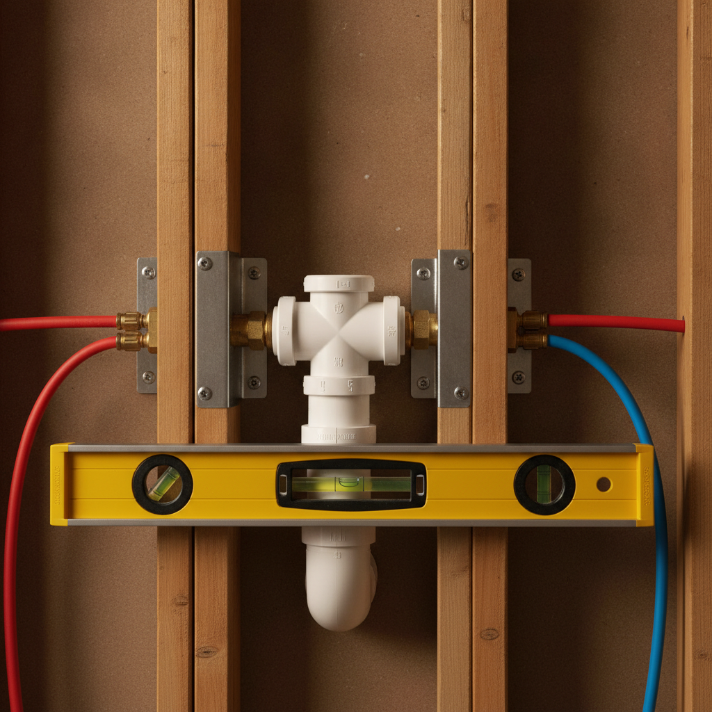 Close-up roughing in plumbing with PVC sanitary tee, P-trap, and PEX lines installed to code in The Meadows basement renovation