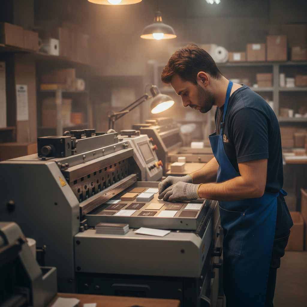 Technician aligning custom business card printing on a finishing machine in Mississauga