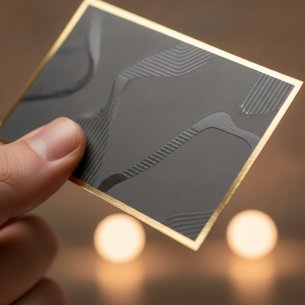 Close-up of premium custom business card printing with raised spot UV and foil edge for Realtors in Mississauga