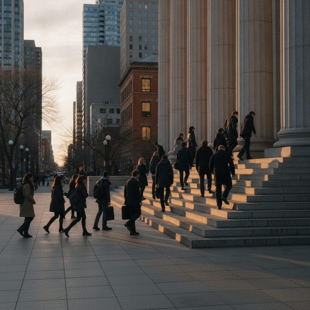 People ascending courthouse steps at dusk, representing appeals and judicial review pathways in Canadian immigration law