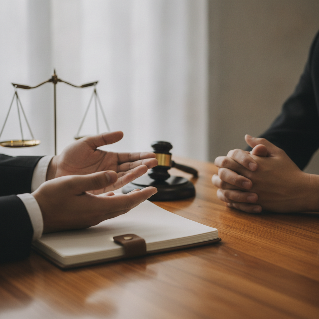 Close-up of a legal consultation with scales of justice symbolizing immigration law strategy in Ontario