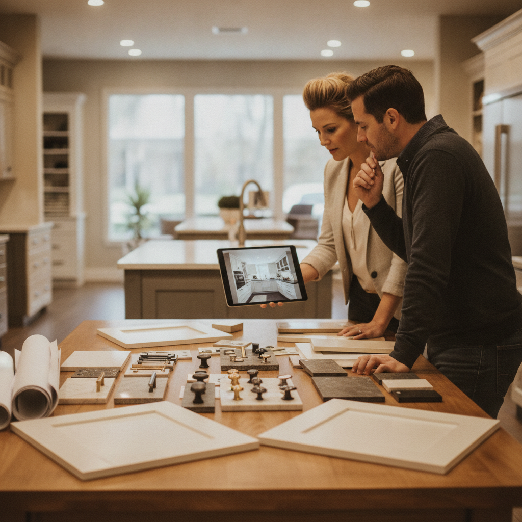 Custom Cabinet Pricing: Save Money Without Guesswork 2 Design meeting reviewing 3D kitchen renderings, door samples, hardware, and countertop swatches to plan custom cabinet pricing decisions