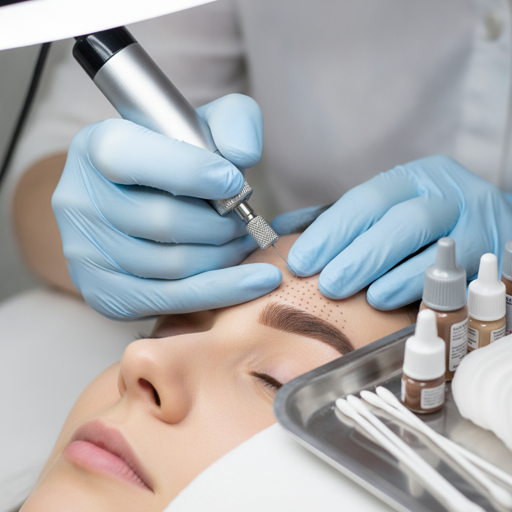 Side-angle action shot of professional microshading with a PMU machine in a clean studio