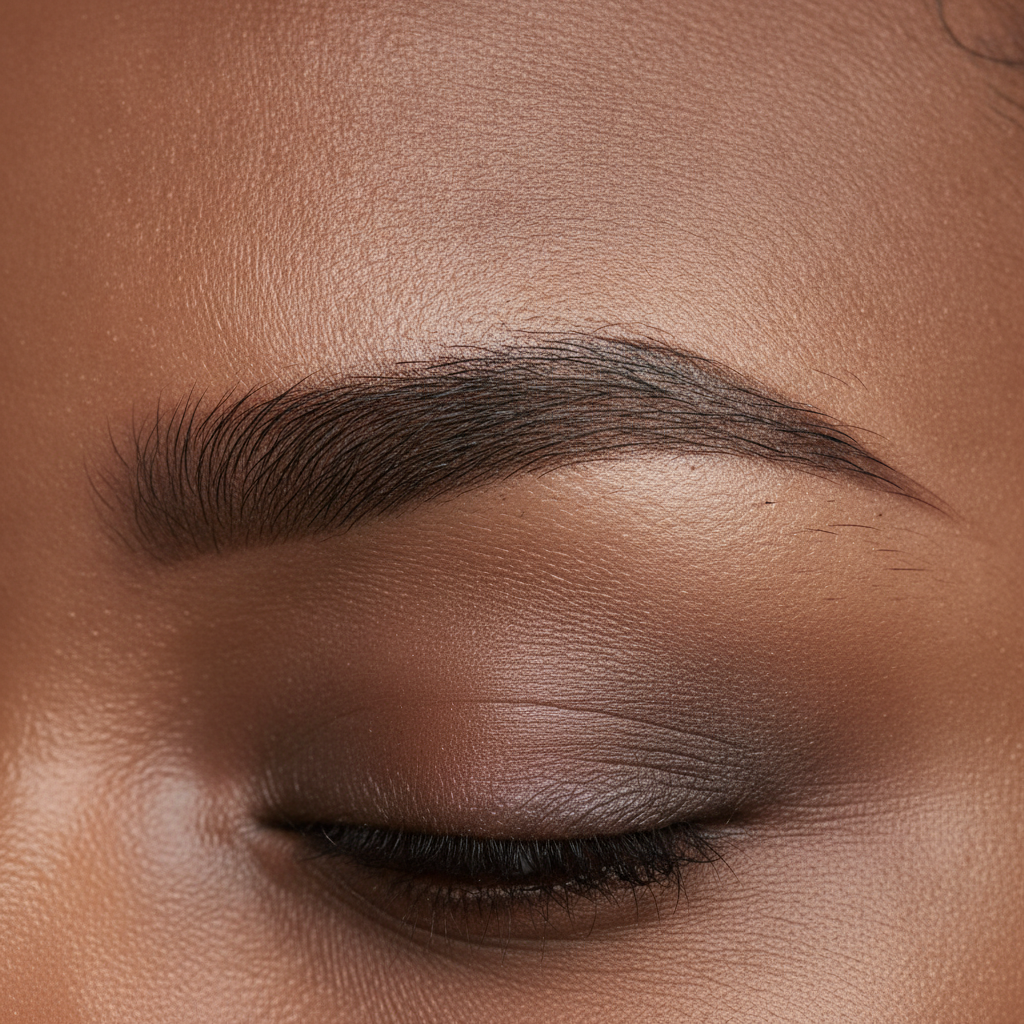 Close-up of healed ombré powder brow pixels on melanin-rich skin showing soft gradient