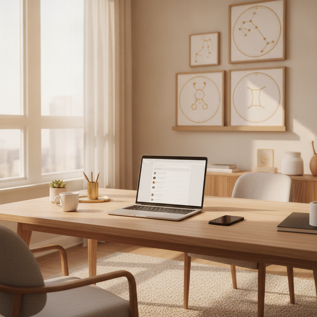 Modern home workspace with laptop open to an email inbox, ideal setup for receiving daily horoscope by email