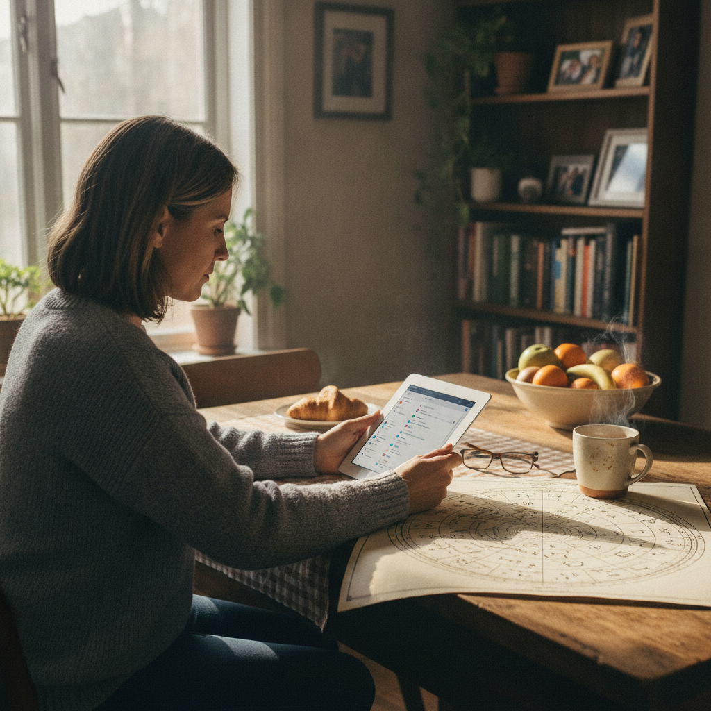 Person checking a tablet for their horoscope email while a printed birth chart sits nearby, representing personalized email horoscope workflow