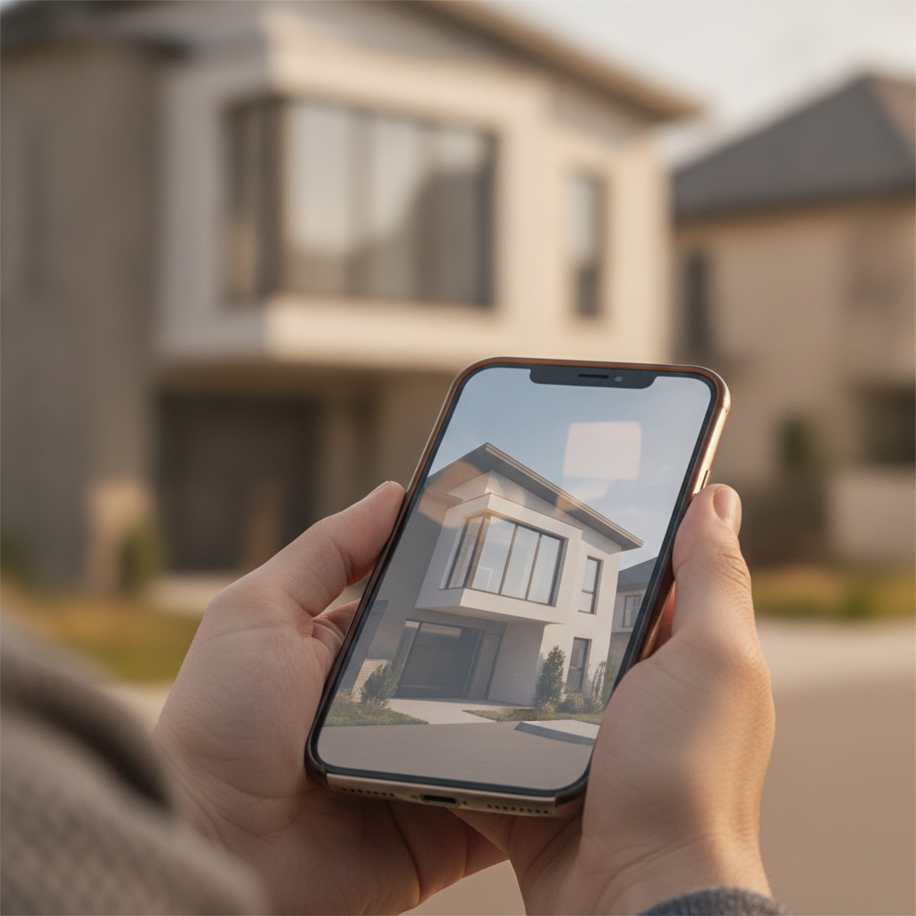 Using a smartphone for a Brampton home valuation online with a two-story house in view