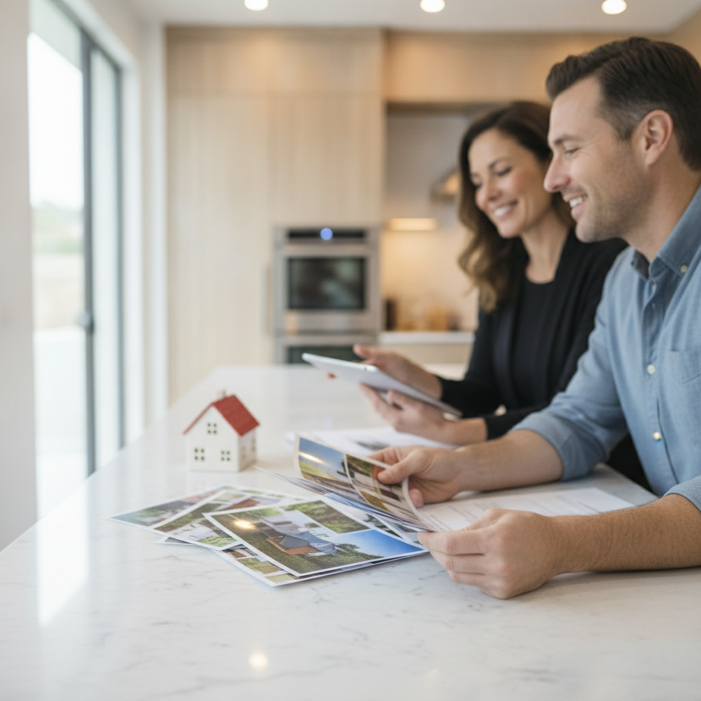 Agent and clients reviewing comparable home photos and a small model house to refine a Brampton home value estimate