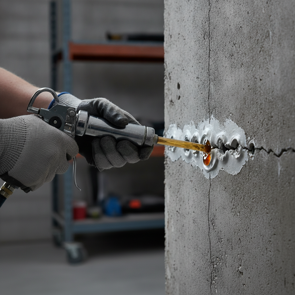 Close-up of epoxy injection crack repair during repair stabilization before full renovation in a multi-unit foundation wall