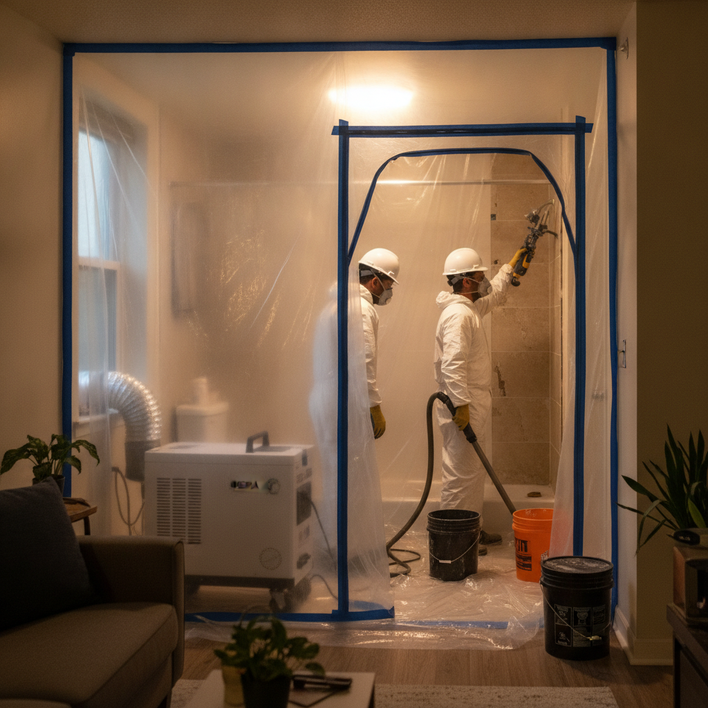 Dust containment with zipper barrier and HEPA air scrubber during apartment bathroom stabilization before full renovation