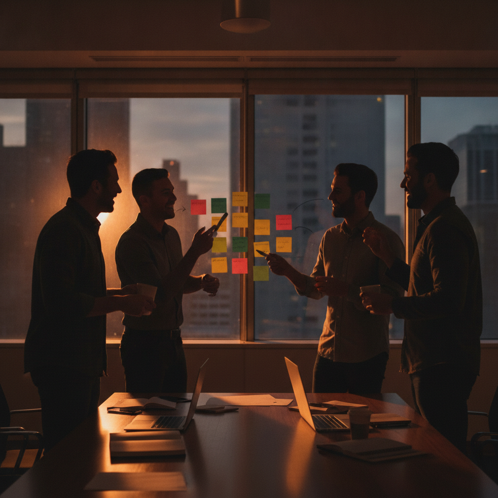 Workshop scene planning a Power BI business intelligence rollout with cross-functional team