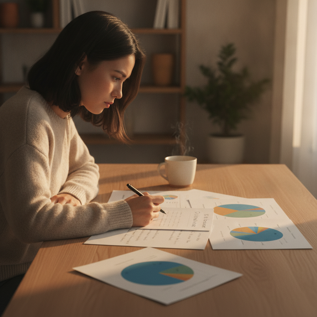 Side-angle view of an investor reviewing a diversified portfolio allocation at a home desk, illustrating an advisor’s structured review cadence