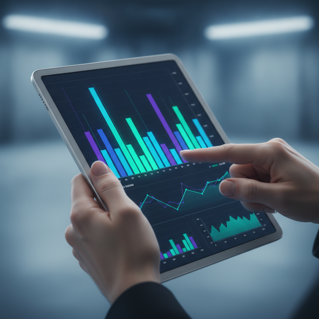 Close-up of hands analyzing a tablet with abstract candlestick chart, illustrating how an investment advisor uses technical analysis and signals for entries, targets, and stop-loss