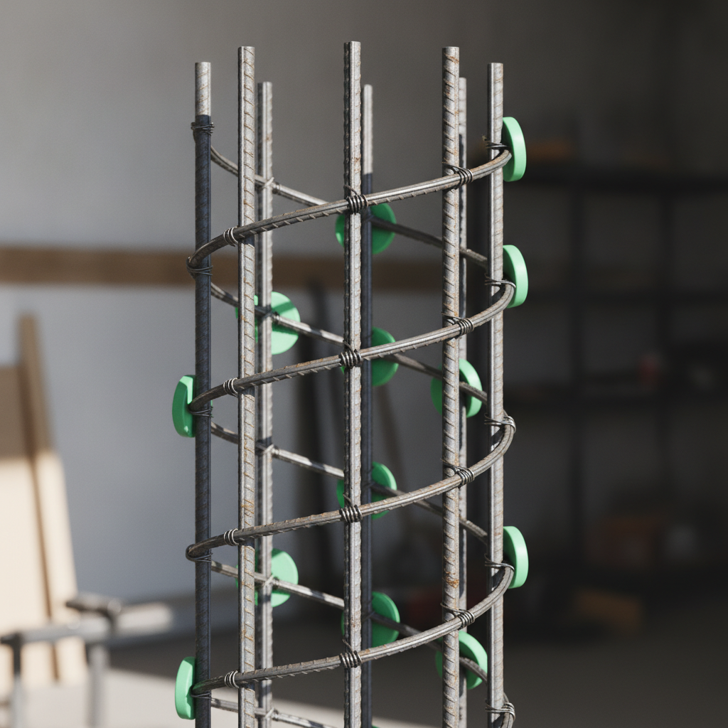 Close-up of a cylindrical sonotube rebar cage with vertical bars, spiral ties, and spacers for concrete cover