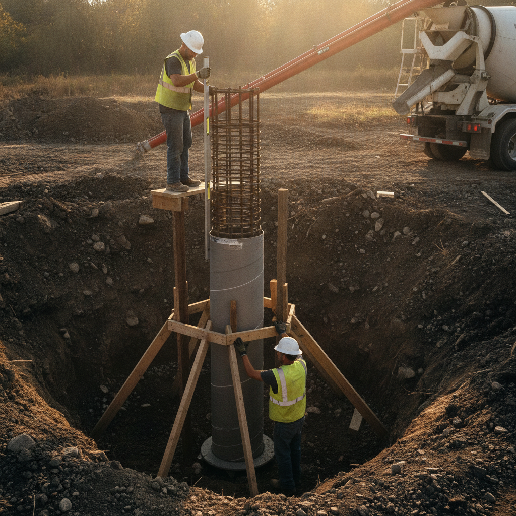 Workers lowering a finished sonotube rebar cage into a round concrete form with a level and temporary bracing