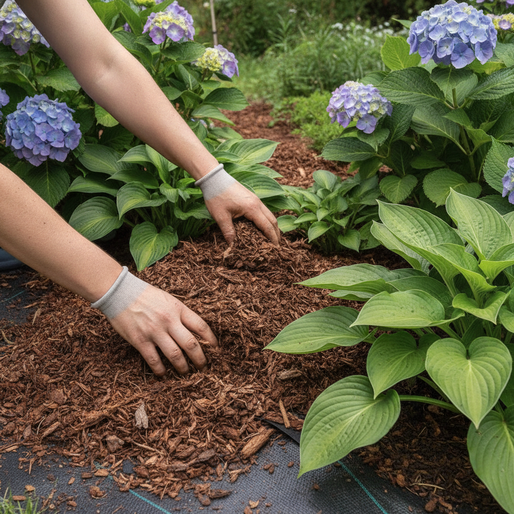 Close-up of a Mississauga garden bed refresh with fresh shredded mulch placed around hostas and hydrangeas, showing weed suppression and moisture control