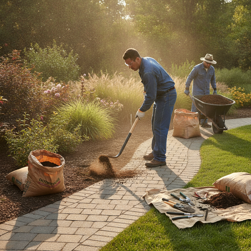 Landscaping crew edging a garden bed along an interlocking paver walkway in Mississauga to prep for fresh mulch and cleaner lines