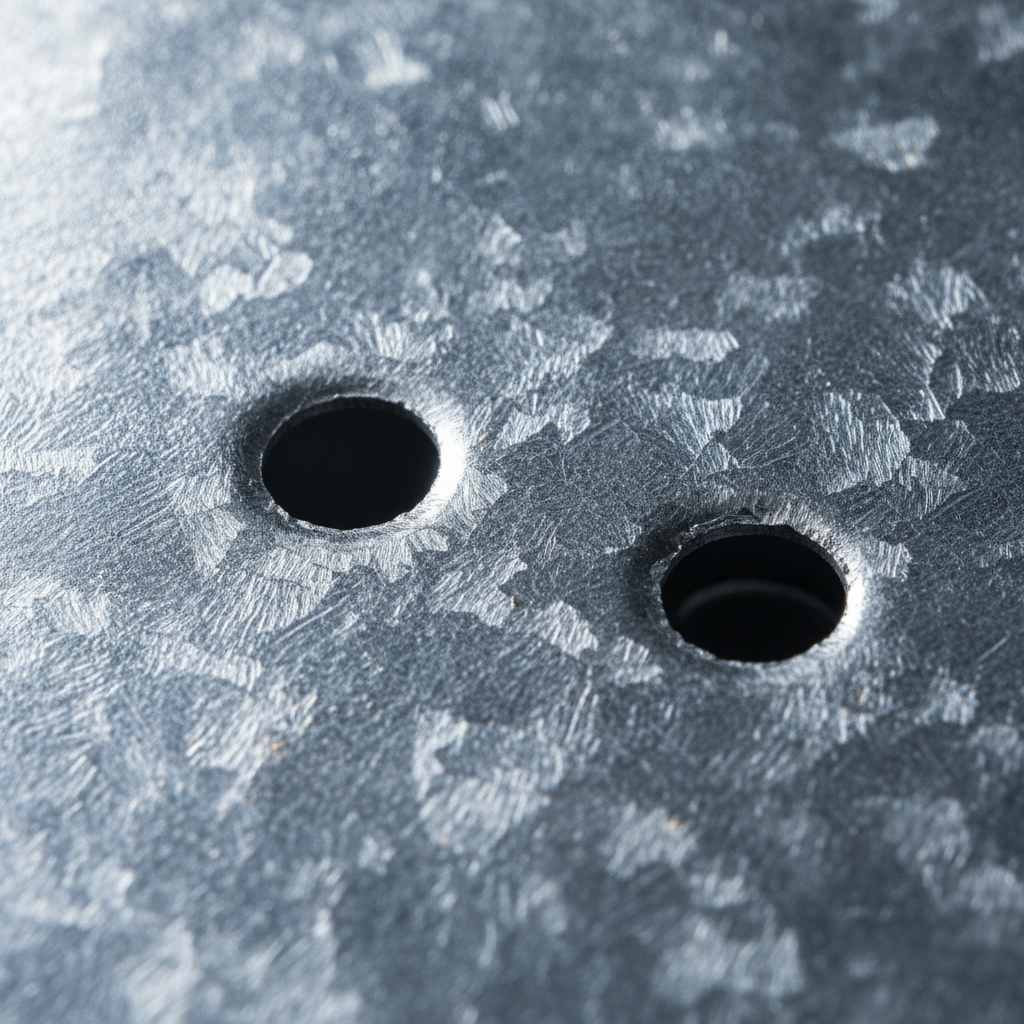 Close-up of galvanized metal framing studs showing zinc spangle pattern and service holes