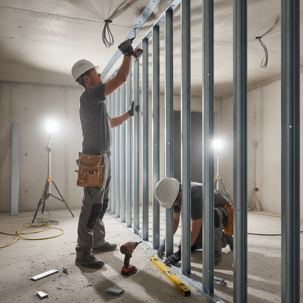 Tradespeople installing galvanized metal framing studs into a slotted deflection track with cordless drivers