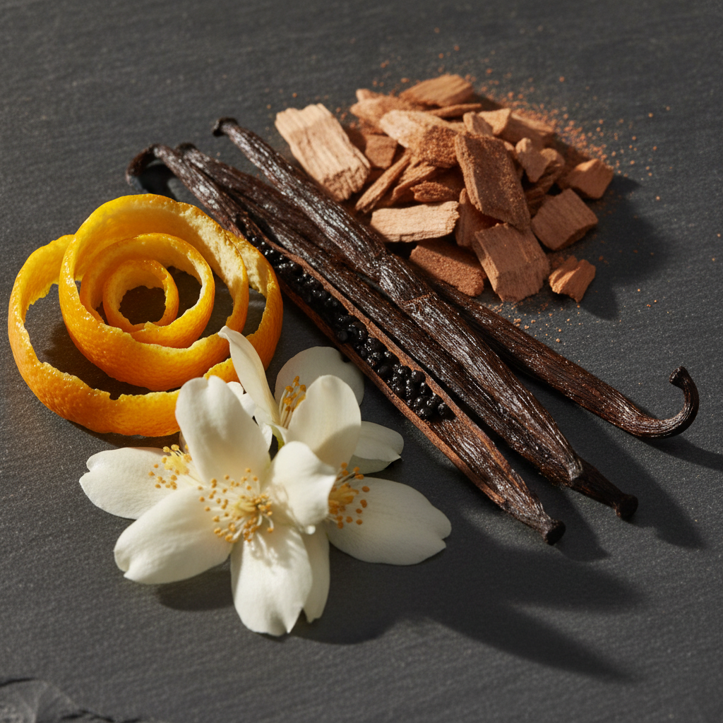 Close-up of bergamot, jasmine, vanilla, and cedarwood illustrating fragrance notes
