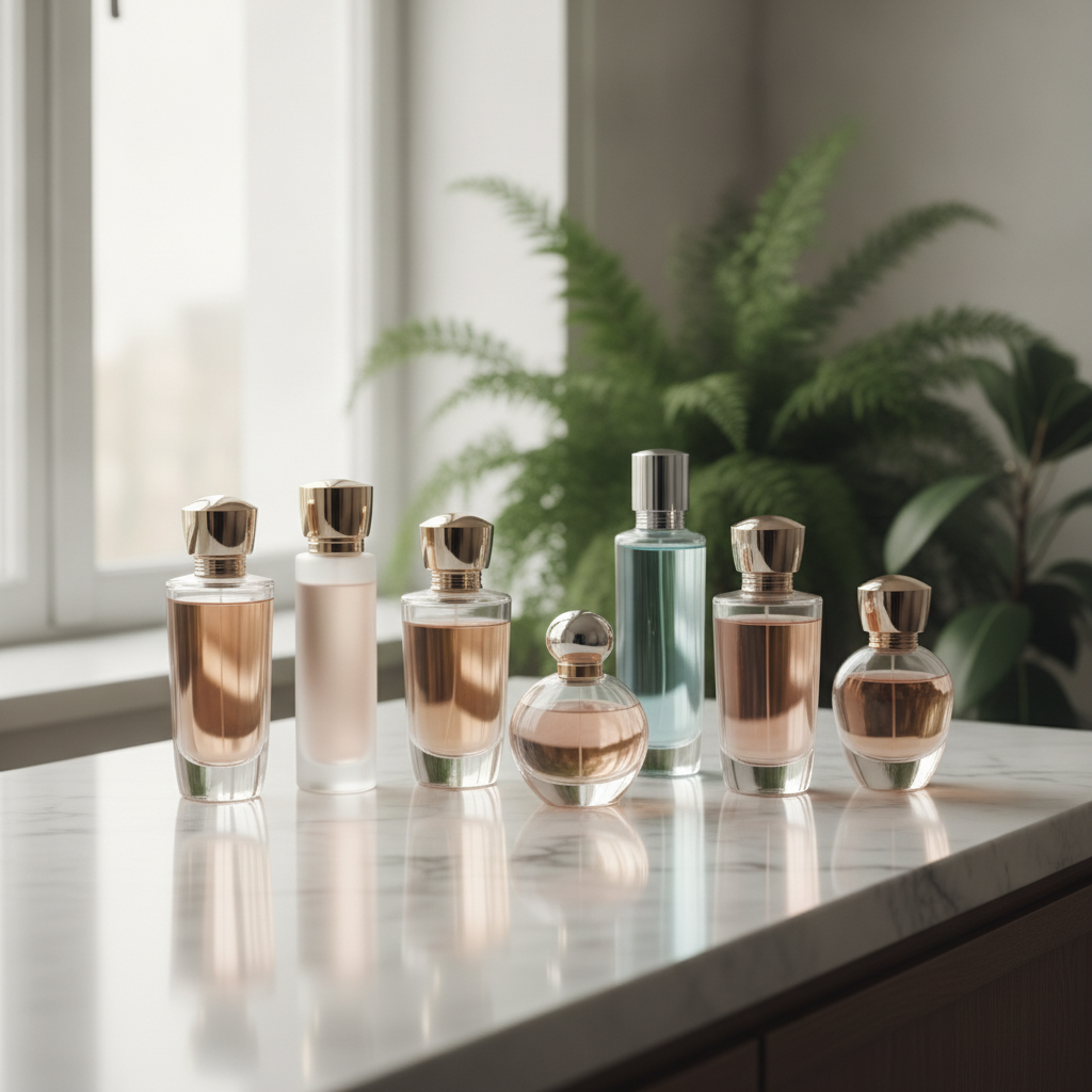 Curated luxury perfume bottles on marble vanity for find your scent guide