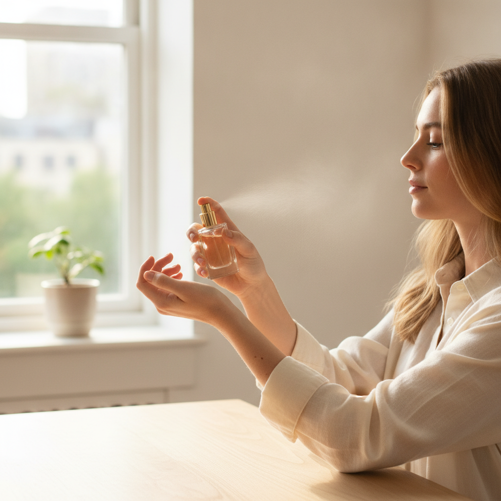 Person applying perfume on wrist pulse point in natural morning light