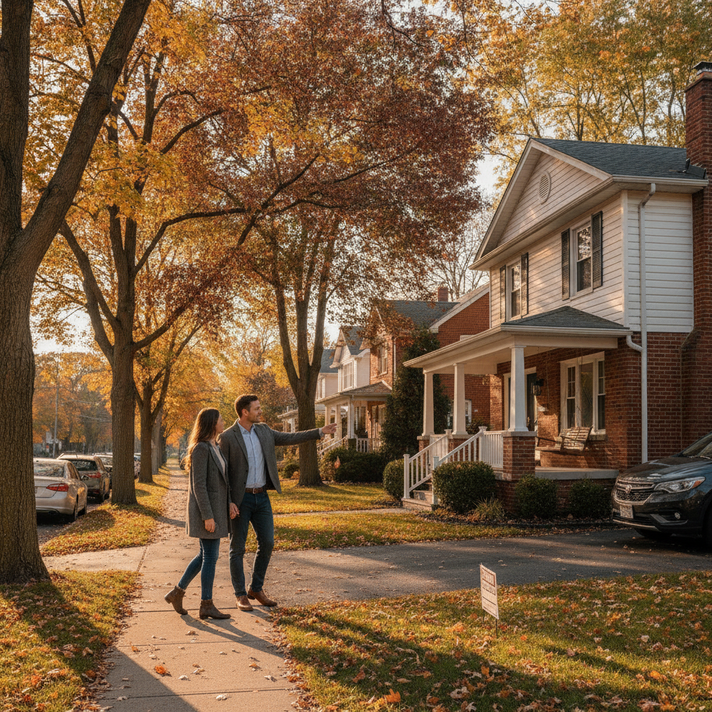 Realtor touring a detached home with buyers on a quiet Cambridge street, showing how exclusive buyer agency streamlines showings and decisions