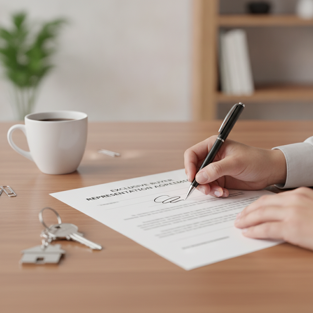 Close-up of signing an exclusive buyer representation agreement with a pen beside house keys, showing the commitment to a single buyer’s agent in Cambridge
