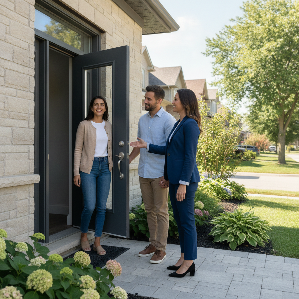 Brampton home showing scene with real estate agent welcoming buyers at the front door