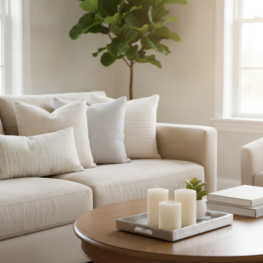 Professional home staging detail in Brampton living room for a home selling checklist, neutral palette and greenery