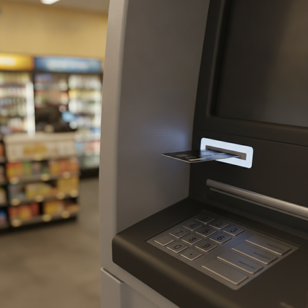 Close-up of an ATM inside a convenience store at a gas station with ATM, showing card slot and keypad