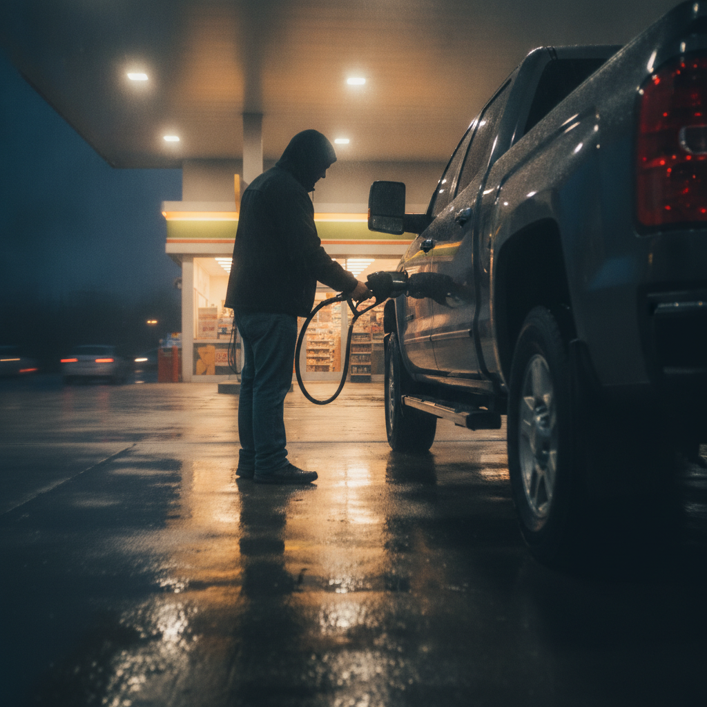 Driver fueling under a bright canopy at night near a convenience store with ATM access
