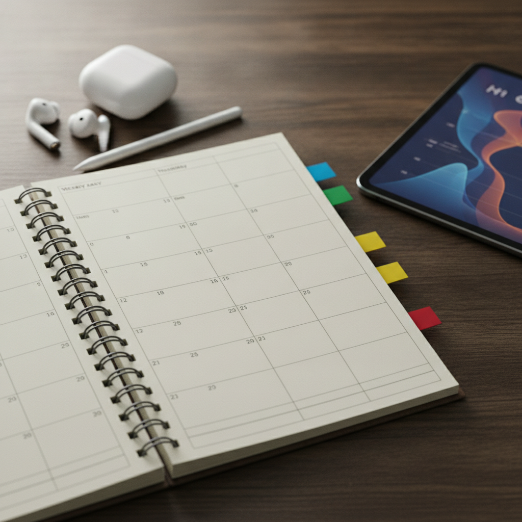 Close-up weekly planner for CAPM training schedule with color-coded tabs and productivity tools