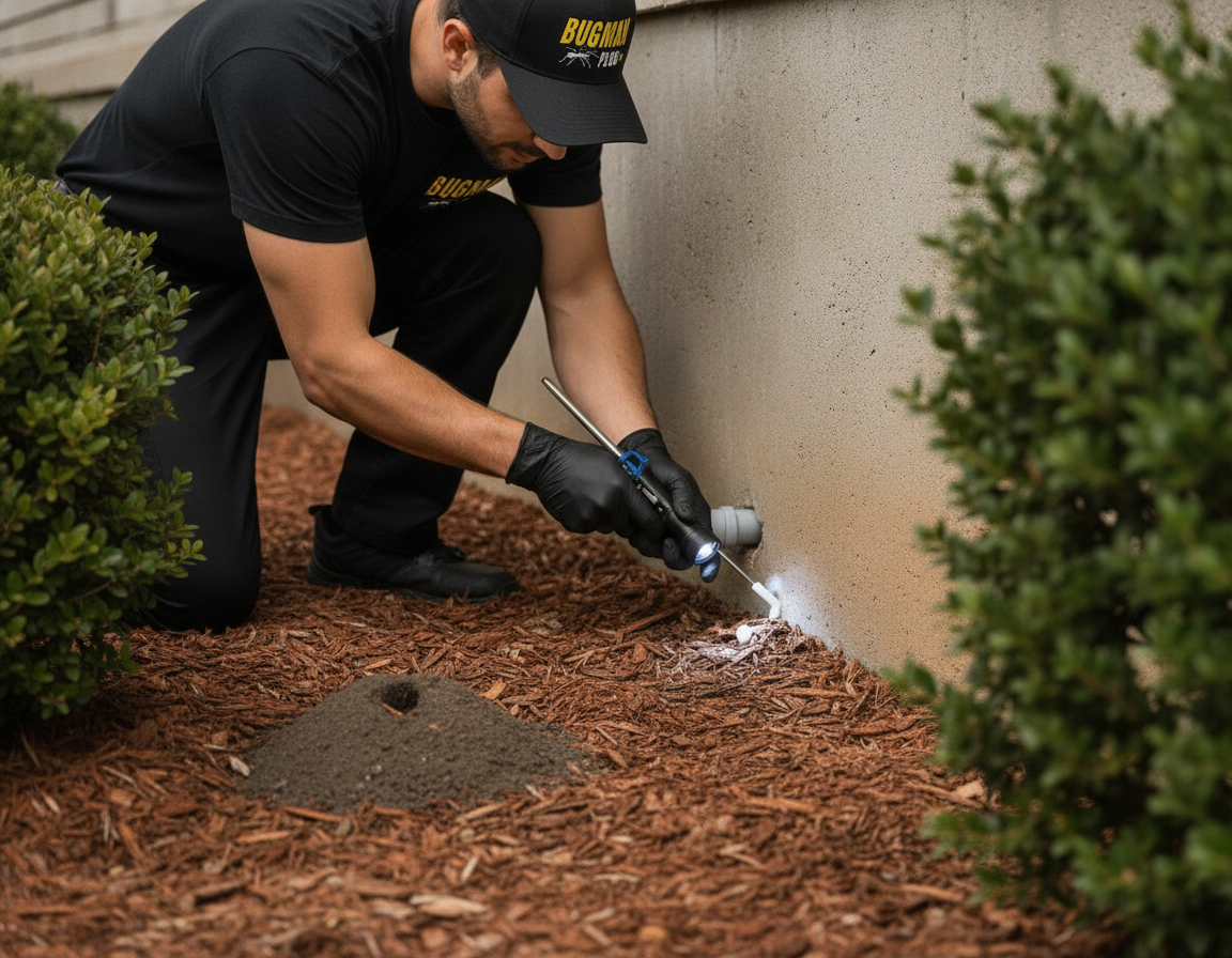 Technician sealing a small exterior utility gap to block ant entry, an exclusion step that reduces long-term ant control cost