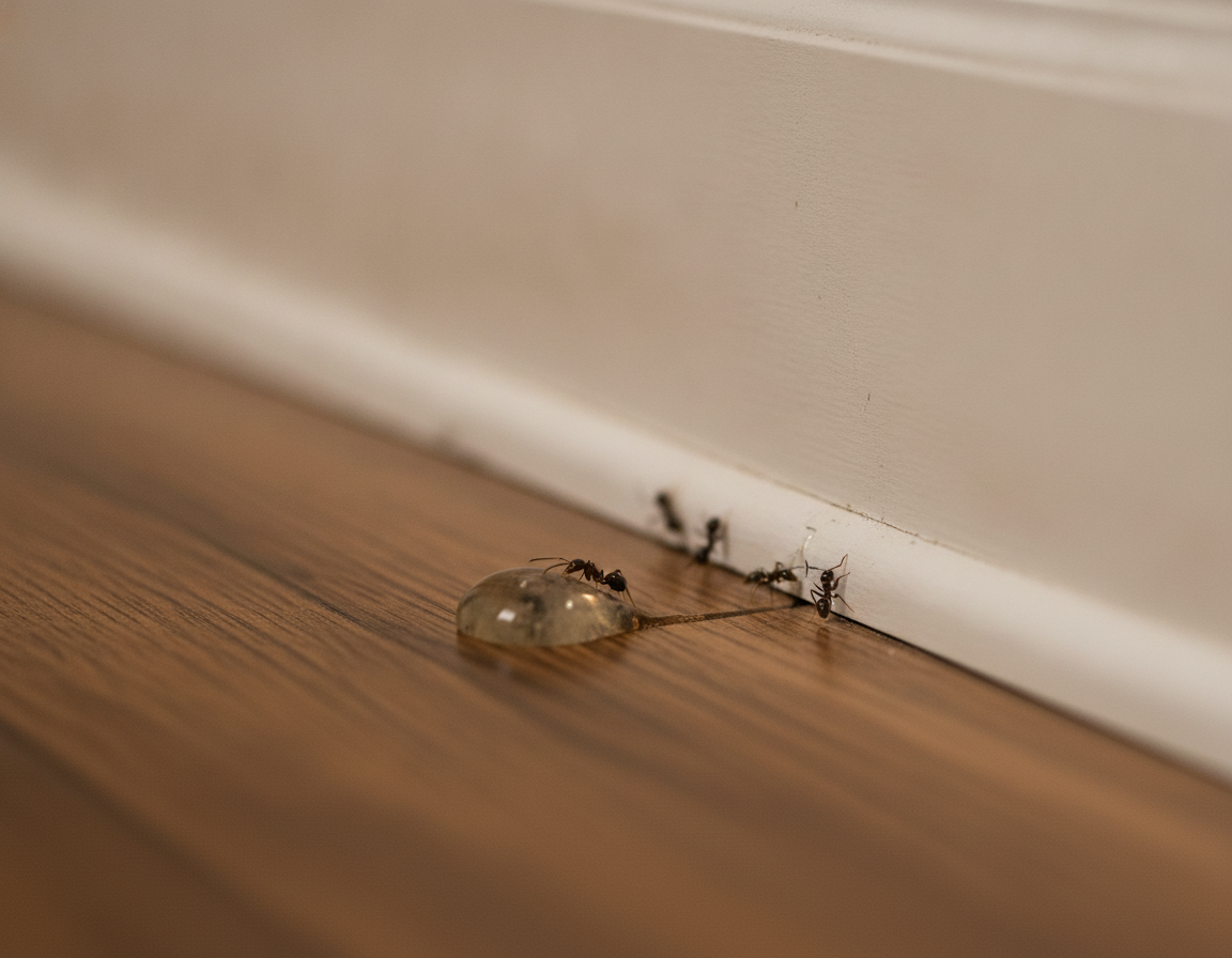 Close-up of pavement ants on a baseboard with a discreet gel bait placement for professional ant control in Oshawa