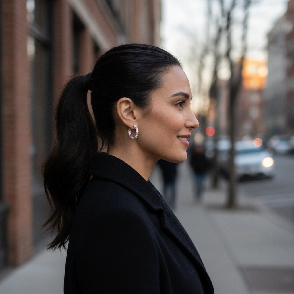 Lifestyle side-angle of a person wearing medium modern diamond hoop earrings outdoors, showing slim profile and comfortable click-lock hinge