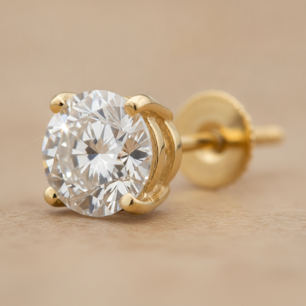 Macro close-up of a modern diamond stud earring in a four-prong 14k gold setting, showcasing facets and secure screw-back for daily wear