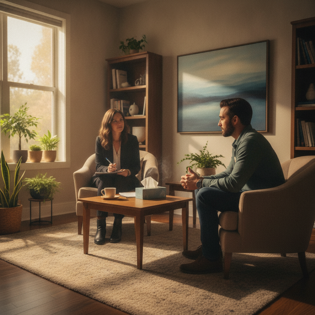 Private counseling scene in a clinic office, showing wraparound care that complements once-monthly Sublocade injections