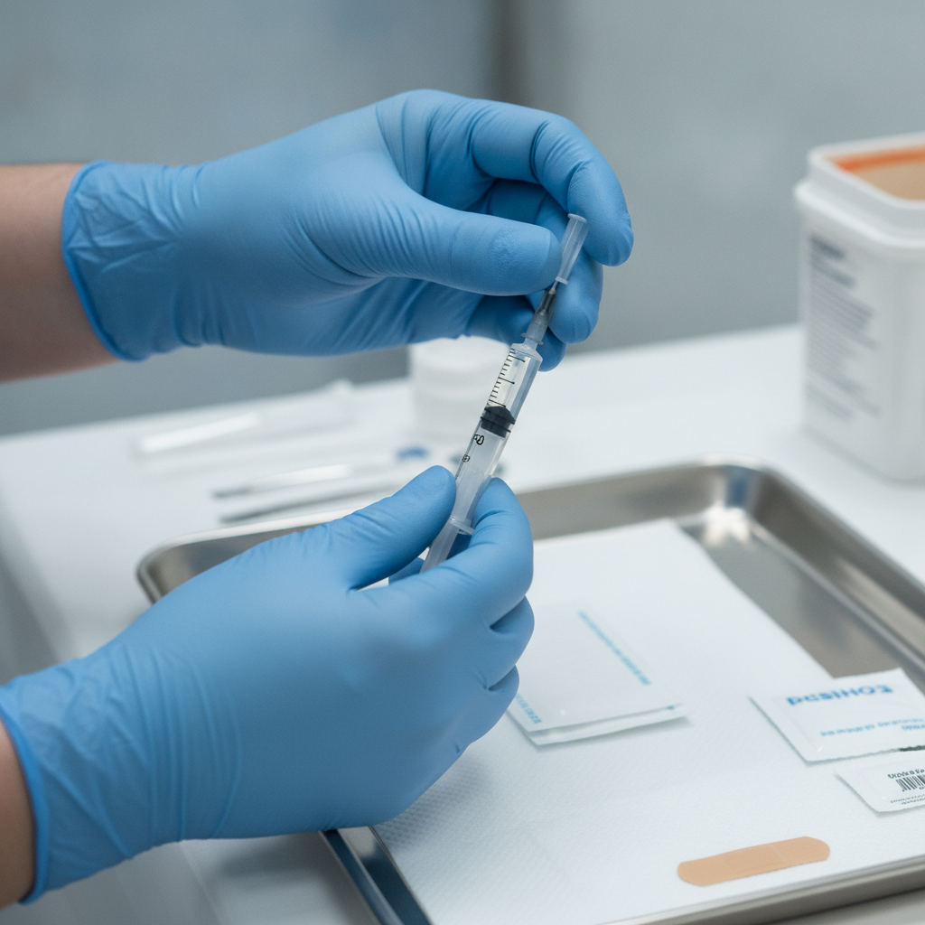 Close-up of a prefilled syringe prepared for a subcutaneous Sublocade abdominal injection, illustrating once-monthly treatment logistics