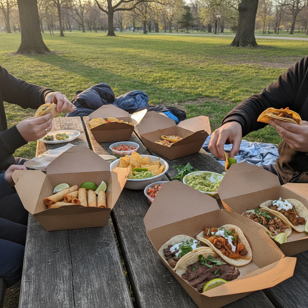 Mexican takeout spread for a family picnic at Trinity Bellwoods Park in Old Toronto